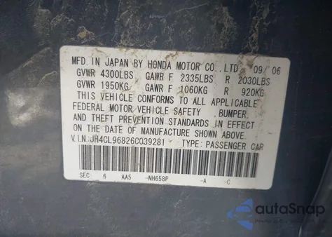 2006 Acura Tsx from USA, damaged, VIN JH4CL96826C039281